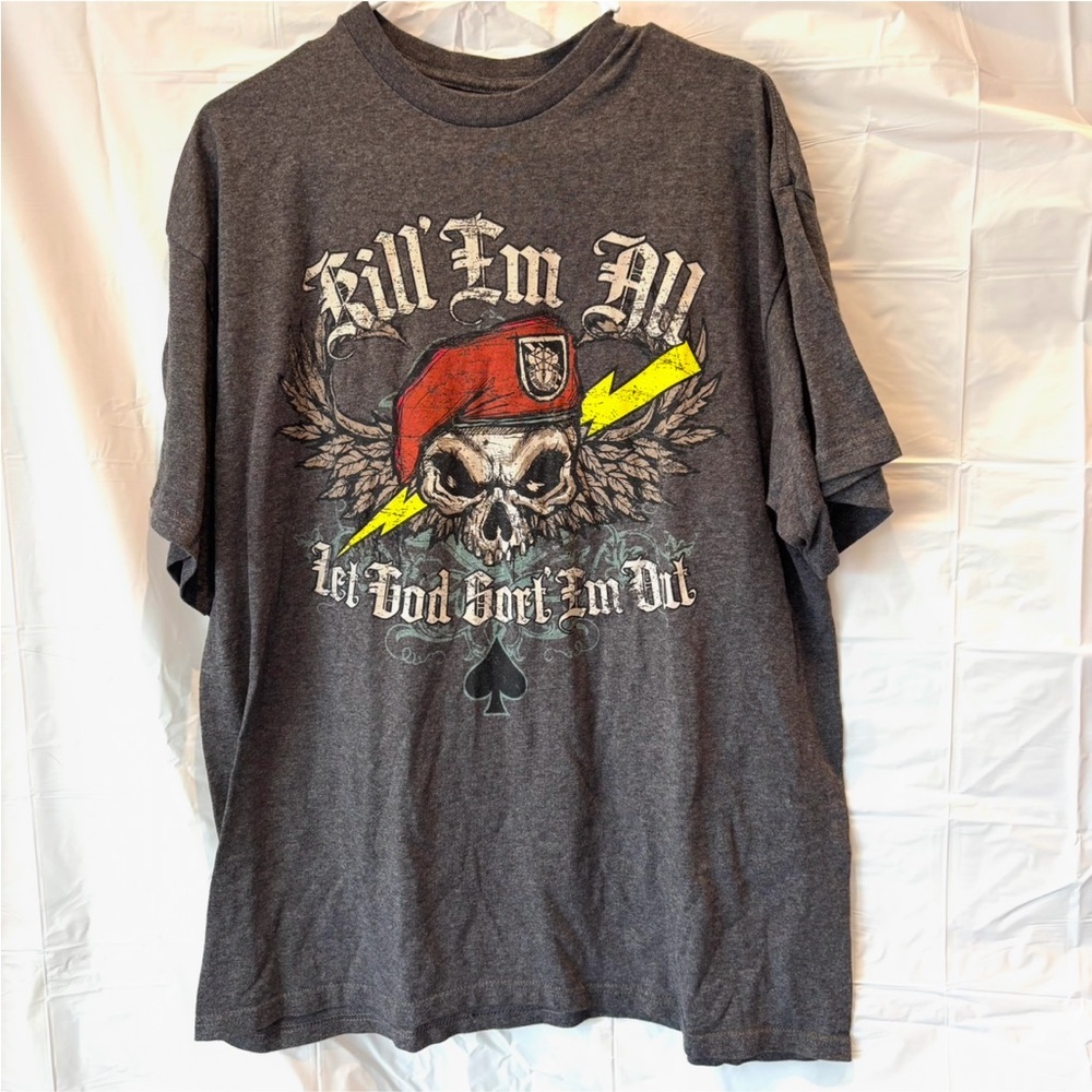 Black Ink design tee Kill em all let god sort em out gray Military SZ XL. NWOT
